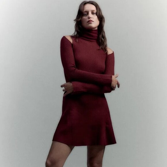 New Zara Women's CUT OUT SHOULDER SKATER DRESS DARK BORDEAUX - Picture 2 of 11